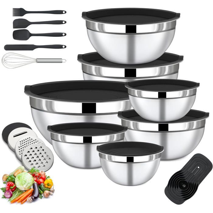 Set de 7 Saladiers Inox avec Couvercle Râpe Cuillères Mesure Ustensiles Lavable Lave-vaisselle pour Cuisine .