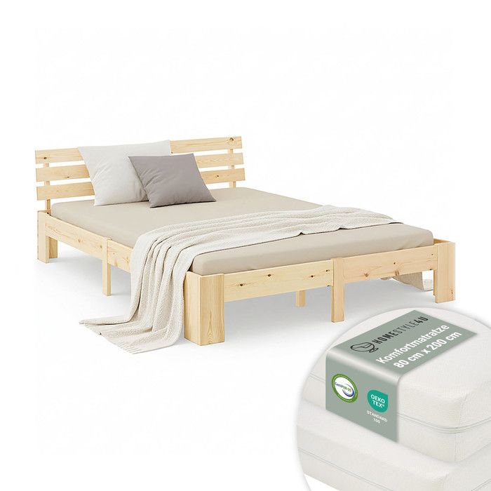 Lit en Bois 160x200 cm Naturel Lit Double avec 2 Matelas Massif Chambre Enfant Adolescent
