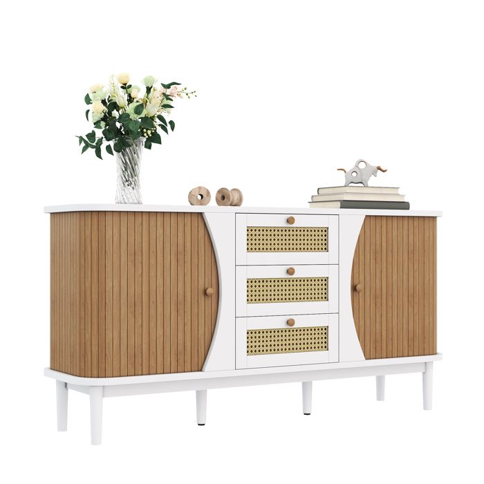 ULEVR buffet bas rectangulaire avec tiroirs en rotin 1405 x 40 x 76 cm - étagères réglables bords arrondis blanc et bois