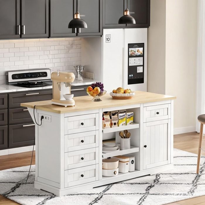 Buffet polyvalent 150 cm 5 tiroirs MDF blanc naturel extensible avec prises USB