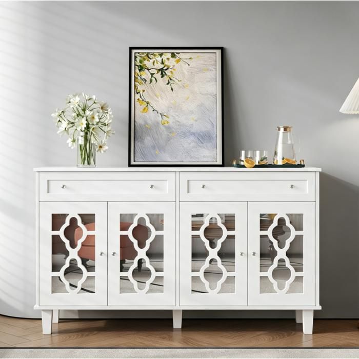 Buffet blanc avec 2 tiroirs et 4 portes en miroir 140x40x83cm armoire dappoint avec poignées en cristal et espace de rangement