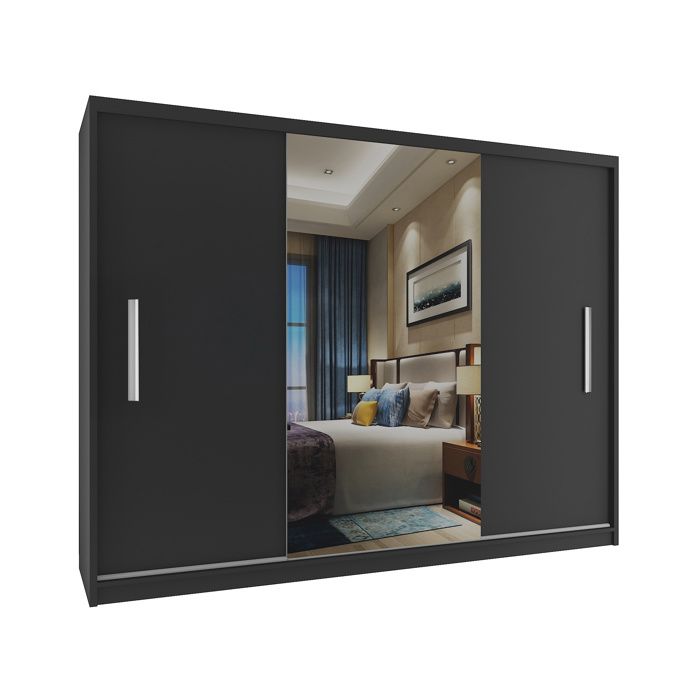 BELINI Grande Armoire 3 Portes Coulissantes VERONA ME 232 cm - Noir / Blanc Mat - Miroir Intégré & Tringle - Chambre Adulte