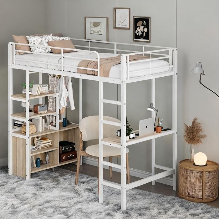 Structure de lit haut 1 personne 90x200 cm en métal white-toned avec bureau intégré rangements et ports USB