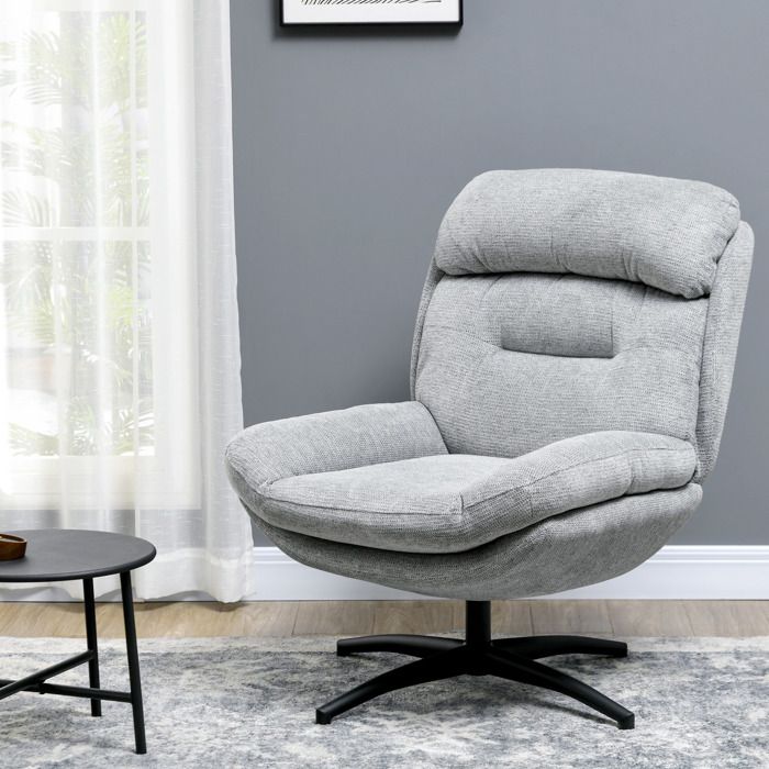 Fauteuil pivotant 360° gris en tissu chenille fauteuil relax avec accoudoirs structure métal intérieur