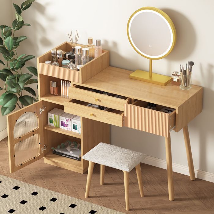 WUVRIE Coiffeuse avec miroir LED tricolore 3 tiroirs placard lateral tabouret coloris naturel 120 x 40 x 90 cm