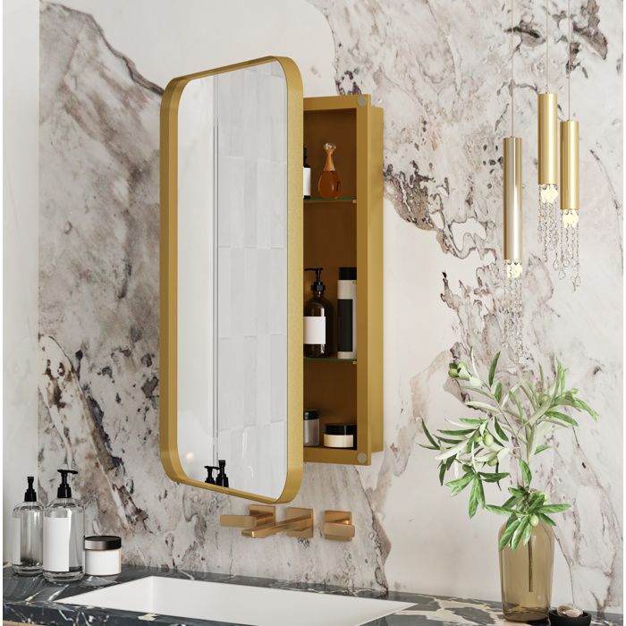 Armoire miroir rectangulaire EVRYAE encastrable ou murale avec rangement cadre métal doré salle de bain
