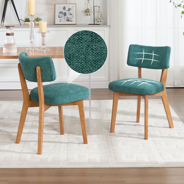 Lot de 2 chaises de salle à manger vertes en tissu assise rembourrée pieds en bois massif style mi-siècle