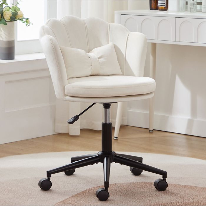 Fauteuil de bureau pivotant en velours beige à roulettes hauteur réglable 45-55 cm dossier pétale