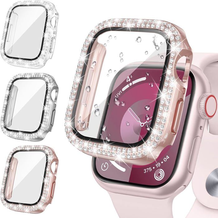 [3 Pièces]Coque Décran Diamond pour Apple Watch Series 9/8/7 41mm Accessoires Bling Coques avec Protecteur Décran en Verre Trempé