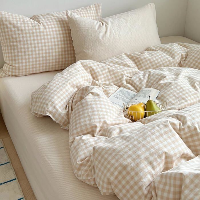 Housse de couette 220 x 240 cm microfibre motif vichy beige - fermeture à glissière - avec 2 taies doreiller 65 x 65 cm