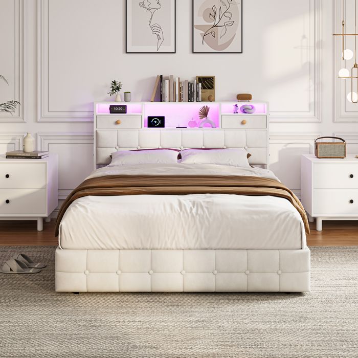 Lit de rangement 160x200 cm avec éclairage LED RVB et ports USB-C cadre capitonné en velours beige.