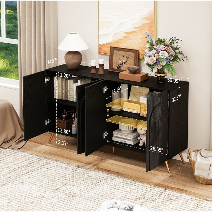 Buffet bas avec 4 Portes et 2 Étagères Réglables Pieds en Métal Doré en Panneaux de Particules 150×38×83 cm Noir
