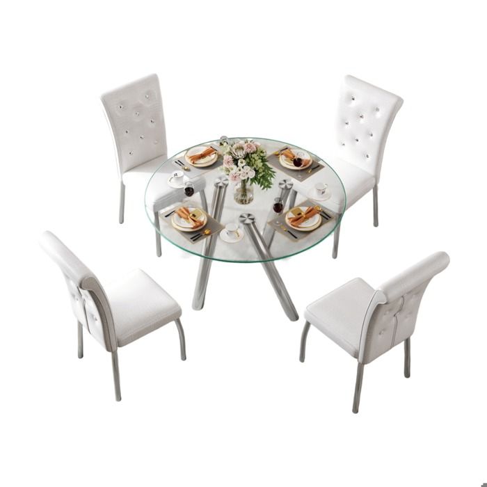 WUVRIE Ensemble salle a manger 5 pieces table ronde en verre trempe et 4 chaises blanches pour 4 personnes