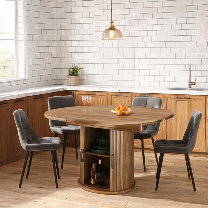 Table ronde en MDF extensible 118-158 cm finition noyer design vintage capacité 6 personnes
