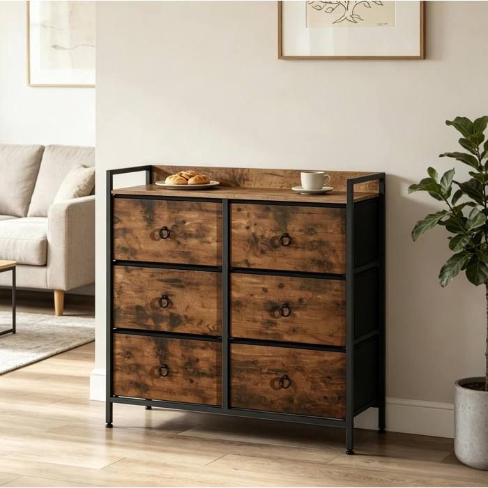VUENOR Commode 6 tiroirs 80 x 29 x 78 cm marron et noir – style industriel