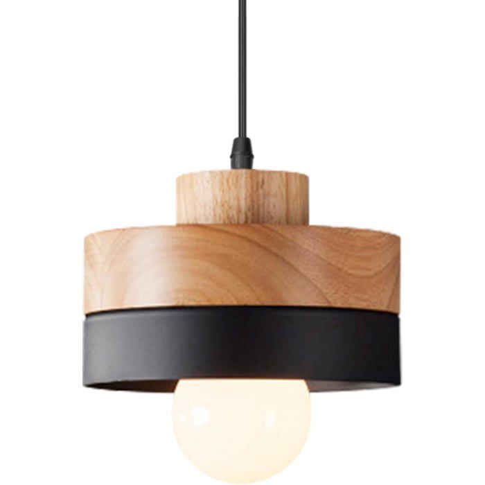 Suspension Luminaire Bois Ronde Rétro Plafonnier Design Vintage E27 Eclairage Intérieur Lumières Lustre Abat-Jour Métal Mode[BI11]