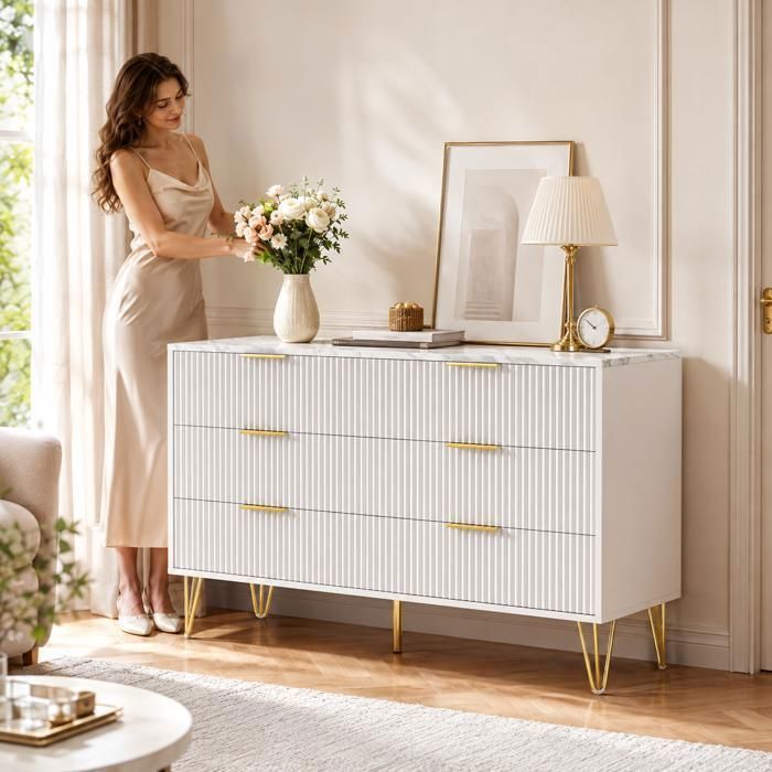 Commode à 6 tiroirs Commode Étroite Grand Espace de Rangement Pieds Métal Motif Bois 100x34x75cm Blanc Pour Salon Chambre