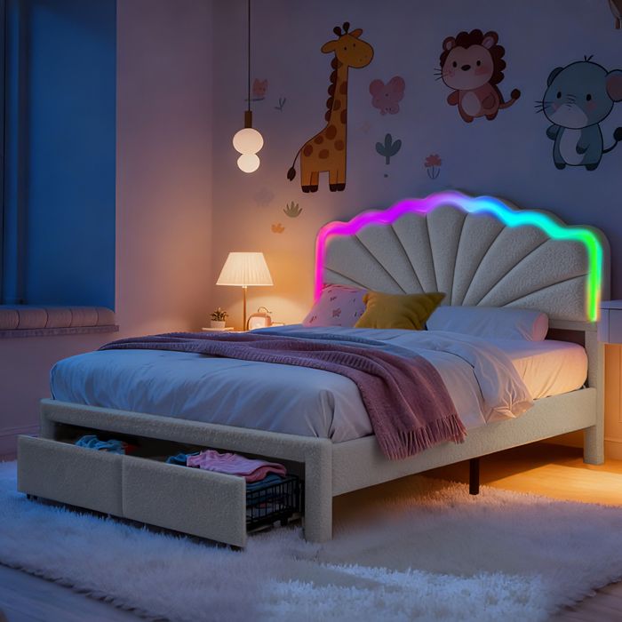 Lit 140×200 cm avec lumière LED tête de lit réglable Interface de Chargement tiroir de Rangement et Lattes Velours Teddy Blanc