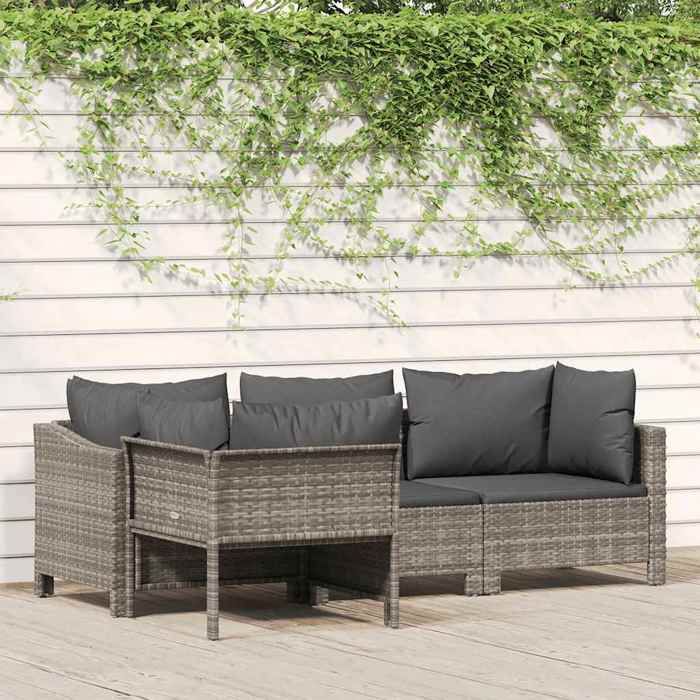 Gris Salon de jardin 4 pièces avec coussins en polyrotin gris - Meuble de balcon LV58625