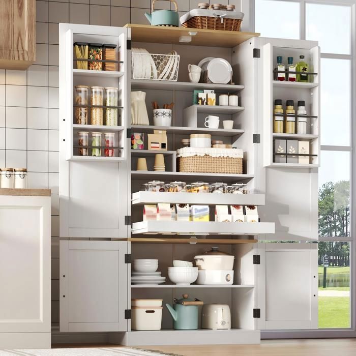 Garde-manger - Buffet de Cuisine Blanc - avec Éclairage à Détecteur - 2 Tiroirs - Étagères Réglables et Rangements de Porte Garde-manger - Buffet de Cuisine Blanc - avec Éclairage à Détecteur - 2 Tiroirs - Étagères Réglables et Rangements de Porte