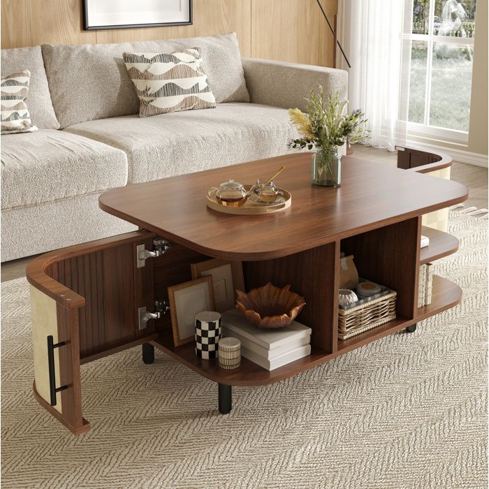 Table basse AESVAR forme galbee avec rangements 80 x 60 x 465 cm MDF noyer