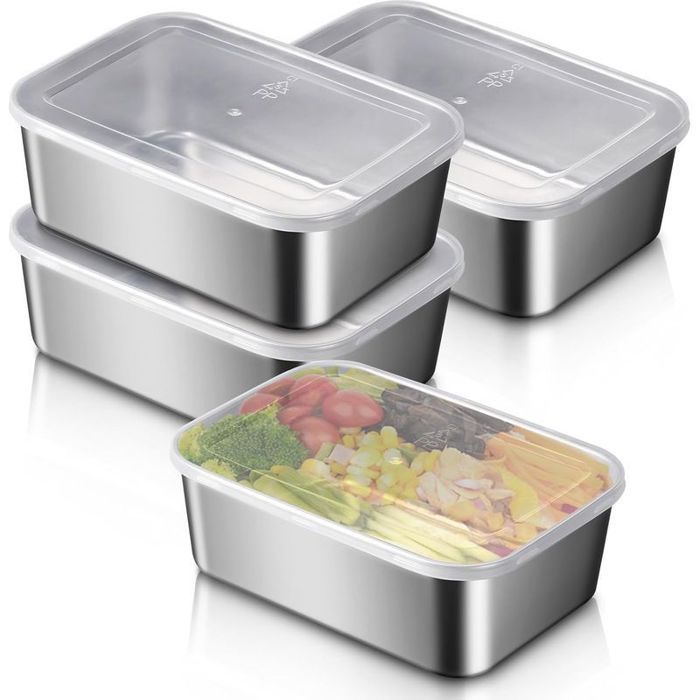 Boîtes De Conservation Acier Inoxydable - Lot De 4 - Avec Couvercle - Récipient Congélation Repas - 1100 Ml