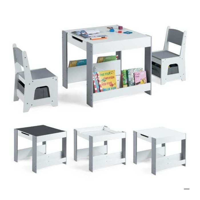 Rangement pratique table et chaises enfant en bois avec plateau réversible et assises ergonomiques pour tout-petits