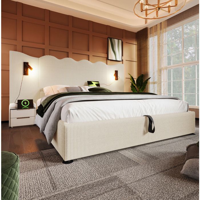 Lit coffre 2 places Beige 252 x 215 x 111 cm Lampe de lecture rotative USB Type-C Lattes en bois