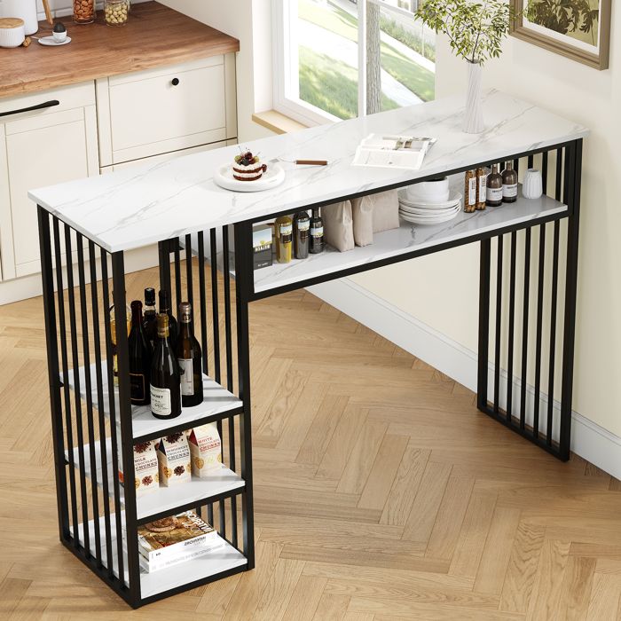 Table haute de bar 140x40x105 cm avec 3 étagères plateau MDF effet marbre structure métal noir comptoir cuisine