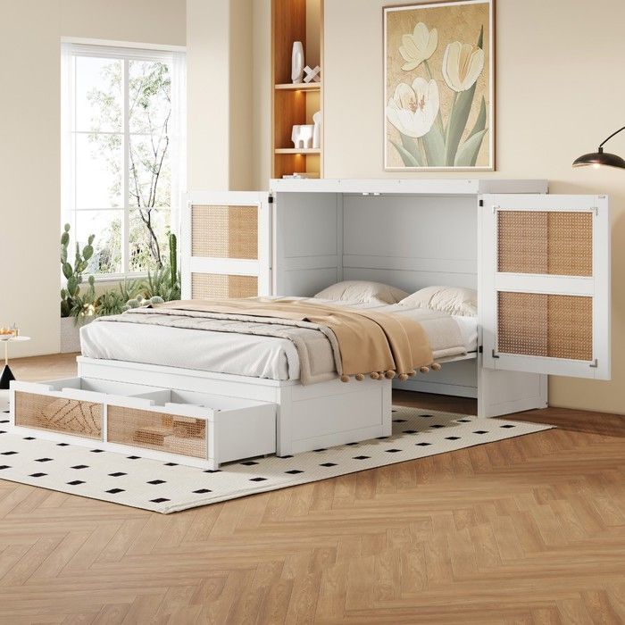 Lit armoire escamotable blanc - BLACKCOLOR - 140 x 200 cm - Sommier à lattes inclus - Tiroirs de rangement intégrés Lit armoire escamotable blanc - BLACKCOLOR - 140 x 200 cm - Sommier à lattes inclus - Tiroirs de rangement intégrés