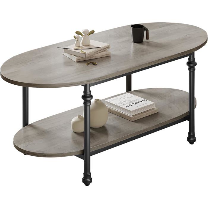 AFF Table Basse Ovale 2 Niveaux en Bois avec étagère Ouverte Pieds en métal Style Colonne Romaine Design Industriel ModerneGris