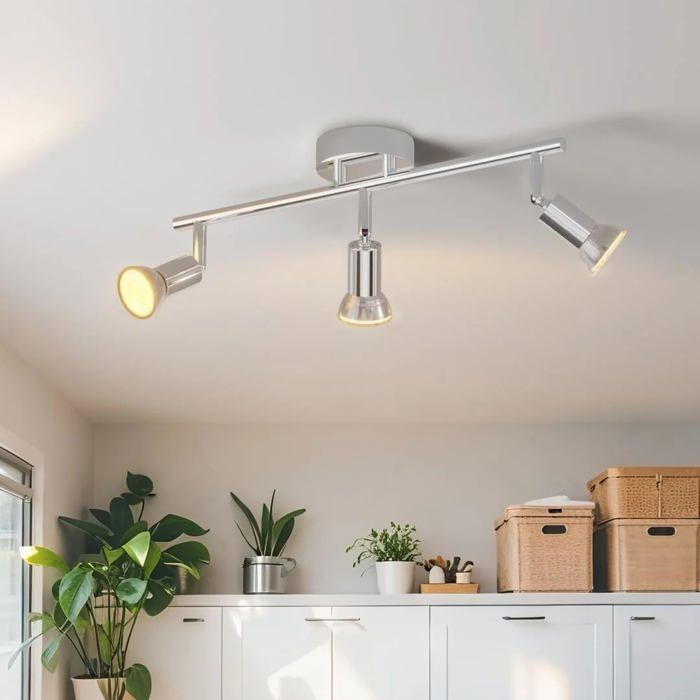 Plafonnier LED 3 Spots Luminaires Intérieur GU10 Argent Galvanisé Spot Plafond Lustre Salon Métal Rampe (Sans Ampoule)