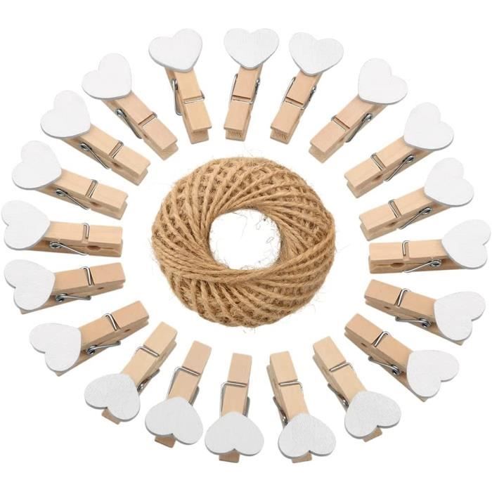 100 Pinces à Linge En Bois Colorées 35mm + 10m Corde De Jute - Pour Photos, Déco, étendoir - Ressort Acier Inox - DIY Créatif