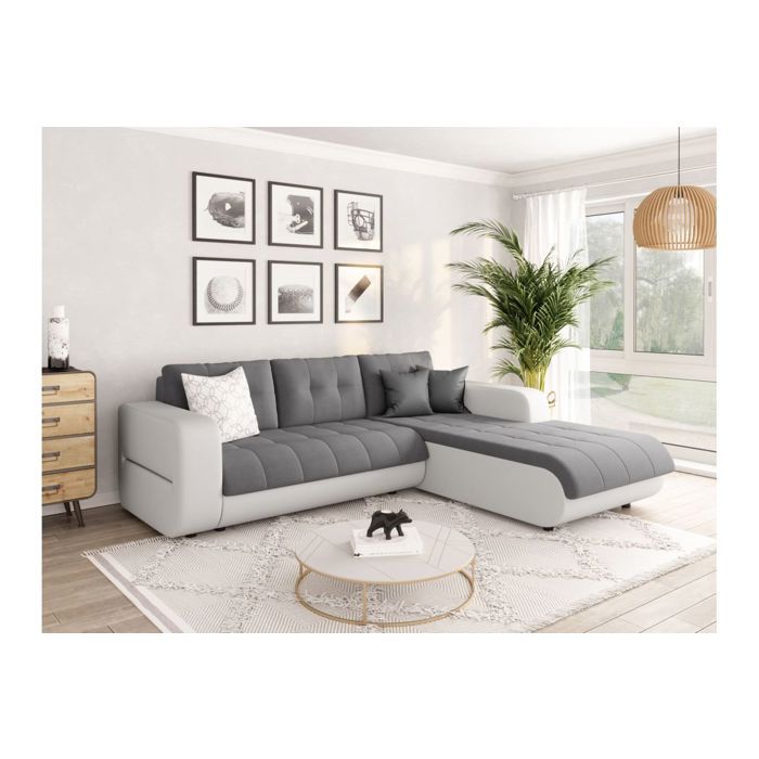 Canapé dangle Droit 4 places SUZIE convertible en Simili et Microfibre - Blanc et Gris - L246 x 188 x 80cm - LOUNGITUDE