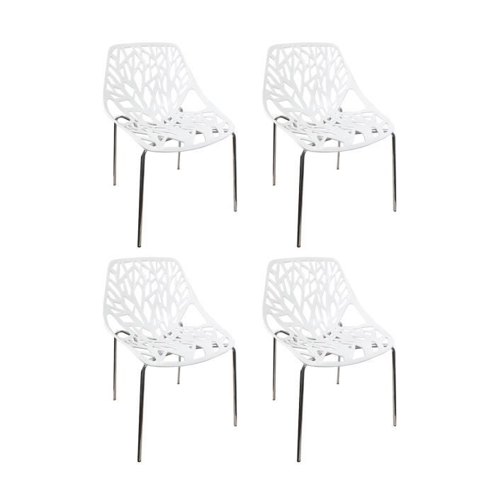 lot 4 chaises blanches - design graphique et pieds métal chromé - confortable et robuste - nova