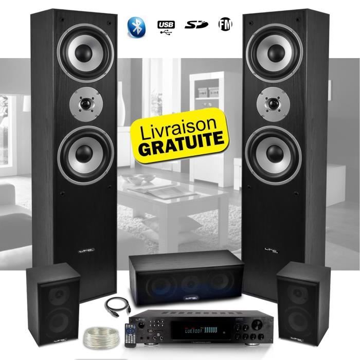 Ensemble 5 enceintes E1004 Noire Hifi / Home-Cinéma 850W LTC + Amplificateur ATM8000 Karaoke USB/BT/FM / 4 x75W + 3 x20W