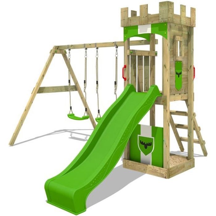 FATMOOSE Aire de jeux Portique bois TreasureTower avec balançoire et toboggan vert pomme Maison enfant extérieure avec bac à sable