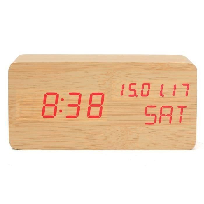 Moderne en Bois Wood Digital DEL Desk contrôle vocal alarme horloge thermomètre