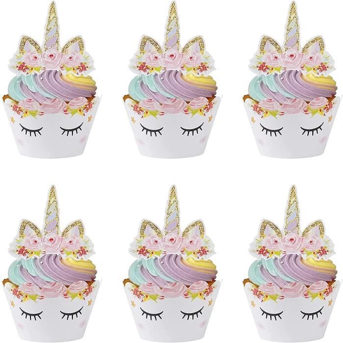 Topper de Gâteau Licorne Cupcake Toppers Wrappers pour Les Enfants Anniversaire Bébé Douche Fête
