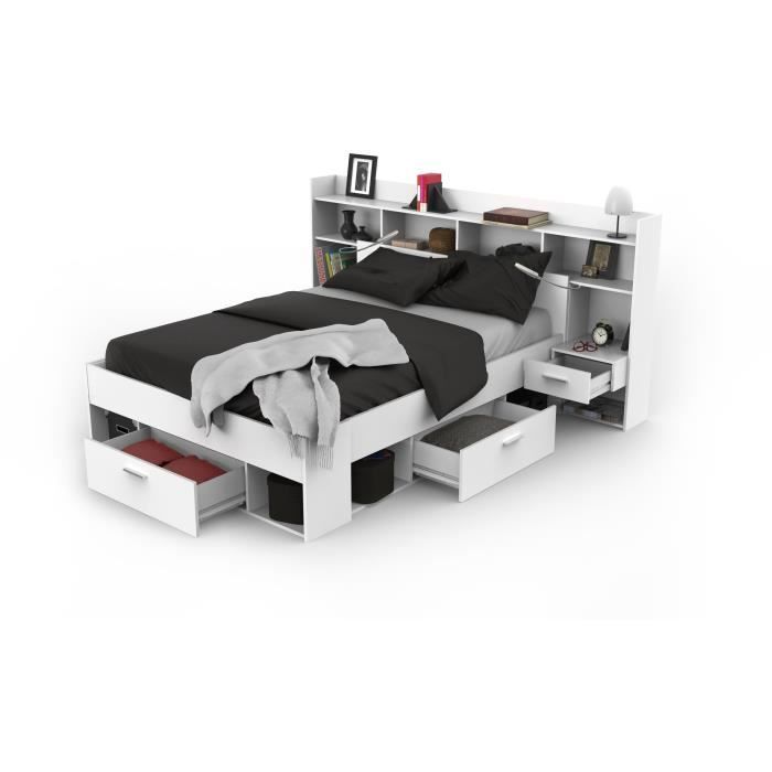 CHICAGO Ensemble lit adulte 140 x 190/200 cm + Tête de lit avec rangement et liseuses LED - Décor bl