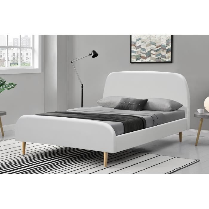 Cadre de lit scandinave Blanc avec Pieds en Bois CONCEPT USINE Lit Norway 140x190cm