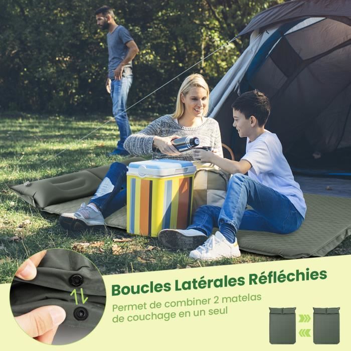 costway matelas de camping autogonflant 2 personnes avec 2 oreillers 187x131x4 cm, sac portable en pvc imperméable, randonnées, vert