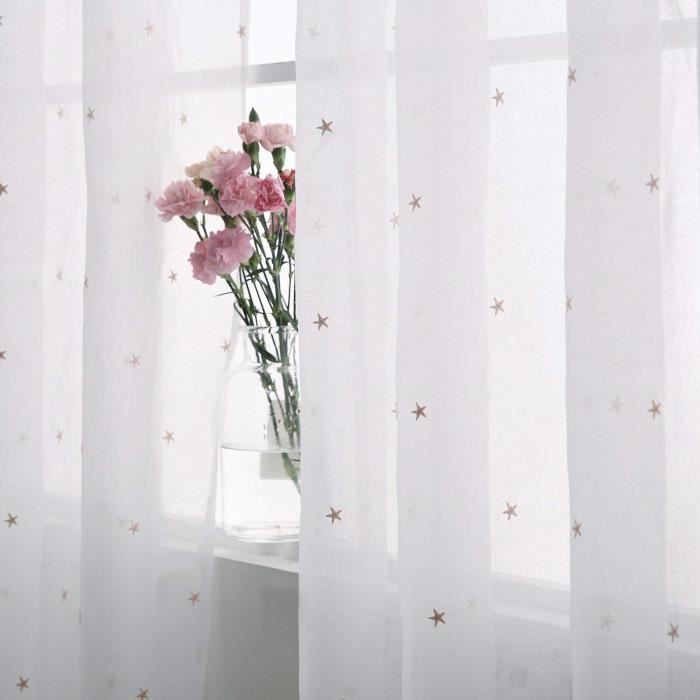Deconovo Voilage Blanc Decoration Chambre Enfant Salon Broderie Etoile Rose à Oeillets 140x138cm 
