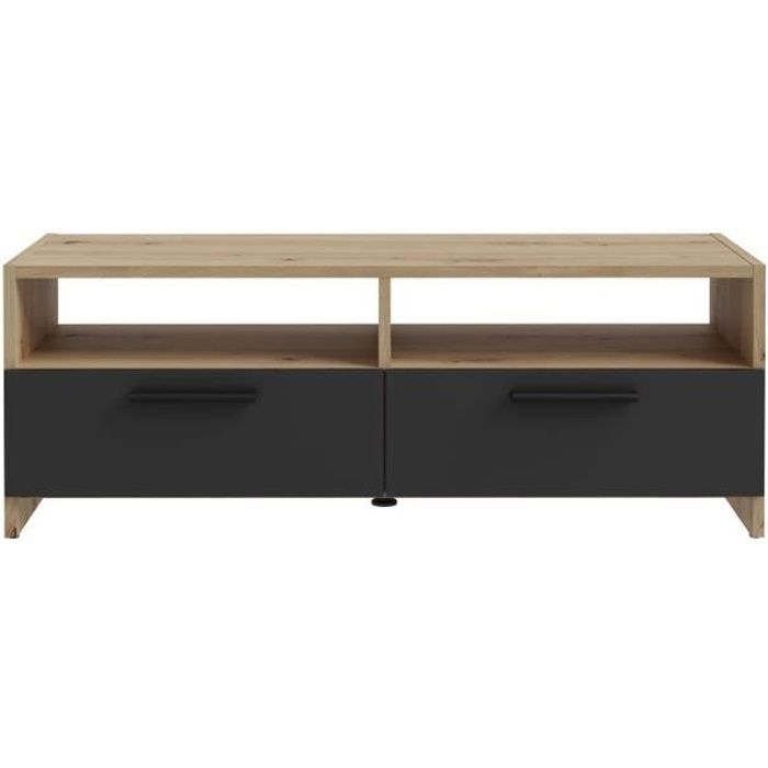 Meuble TV PILVI - Style contemporain - Décor Chêne et Noir - 2 Abattants + 2 niches - L 95 x P 36 x H 34,5 cm