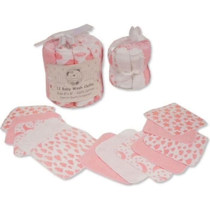Lot de 12 débarbouillettes pour bébé fille 100% coton rose lingettes lavables lavettes