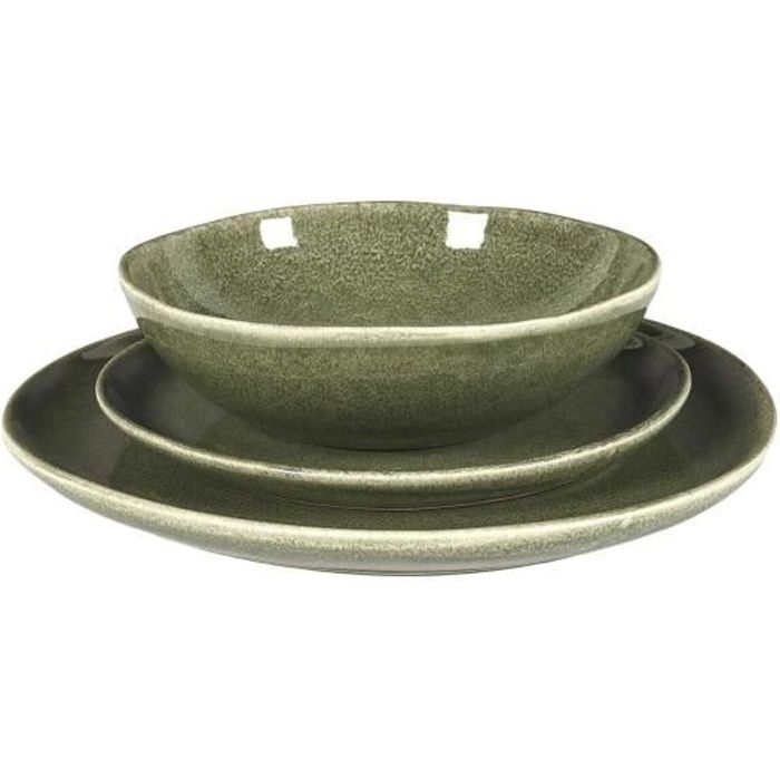 Service De Table 18 Pièces Green Harmony - Assiettes Plates, Creuses Et à Dessert - Porcelaine Verte - Lave-Vaisselle