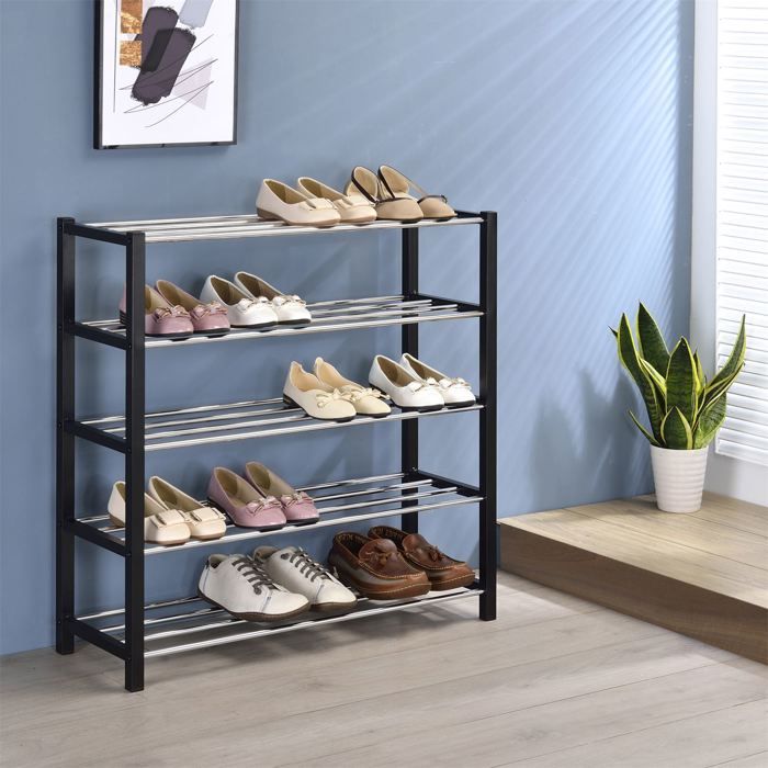 Etagère à chaussures DUBLIN rangement porte-chaussures avec 5 niveaux pour 20 paires en métal chromé et laqué noir