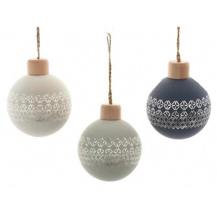 Boule De Noël En Verre Mat Et Bois Bleu Blanc Décor Argent D8cm Lot De 6 Pure