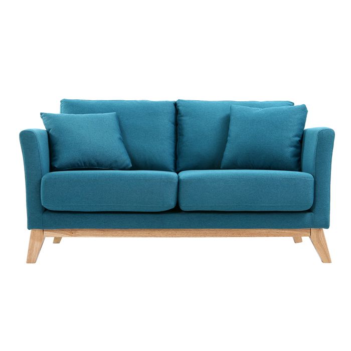 Miliboo - Canapé scandinave déhoussable 2 places en tissu bleu canard et bois clair OSLO