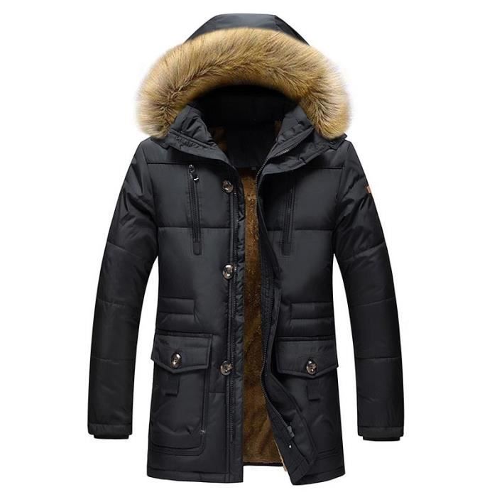 Manteau Hiver Homme Capuche Fausse Fourrure Doublé Polaire Casual Veste  Chaude Epaisse Confortable Couleur Unie